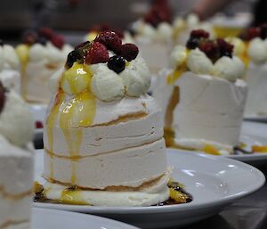 Inidivual pavlovas plated and ready to serve at Casey winter 2014