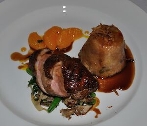 Mandarin duck with sticky rice on a plate at Casey winter 2014