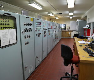 Large electrical meter boards and phasing equipment, in the power house at Casey station