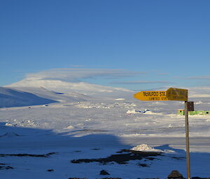 Directions to McMurdo station and Scott base with Mt Erebus in the background