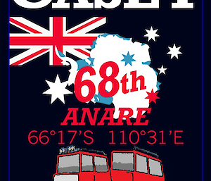The station social logo, a map of Antarctica imposed over the Australian Flag with a Hagglund vehicle.