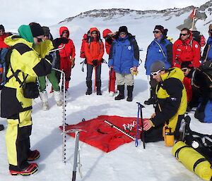 Foreign expeditioners being showed Antarctic survival equipment