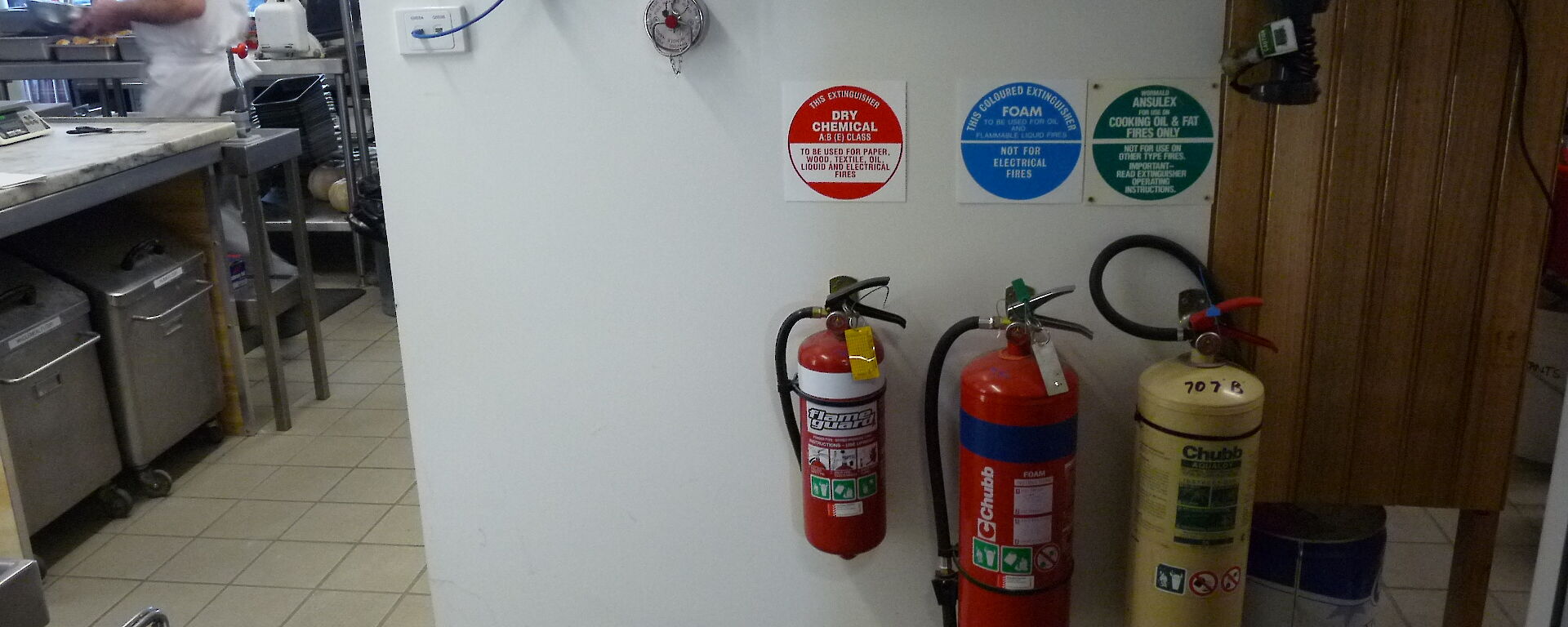 Fire extinguisher bank in kitchen