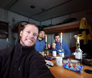 Expeditioners enjoying hut life