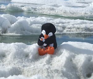 The toy Duck sits on the ice