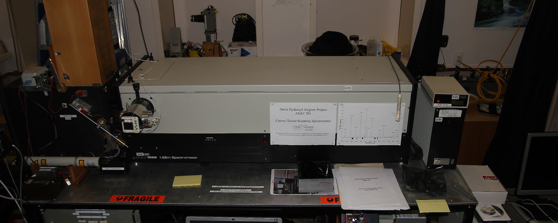 Czerny Turner Spectrometer looks like a coputer hard drive with even more equipemtn attached and has been measuring the temperature of the hydroxyl layer above Davis since 1993.