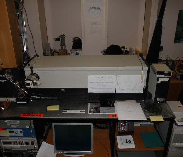 Czerny Turner Spectrometer looks like a coputer hard drive with even more equipemtn attached and has been measuring the temperature of the hydroxyl layer above Davis since 1993.