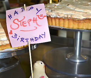 Marzipan penguin made by Martin Hess holding a Happy Birthday Steph sign