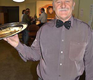 Steve with silver platter and bow tie