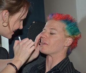 Dressing up for band performance at Davis — makeup and rainbow coloured hair