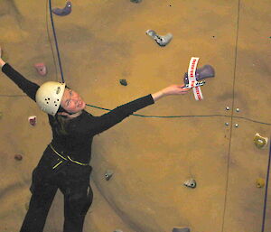 Ladies indoor rock wall climbing & abseiling evening — Jacki gives it that bit extra for the Bounty bar
