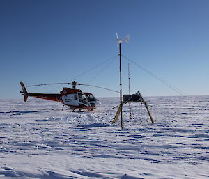 DTS system installed at AM06. The electronics and solar panel sitting on top of the frame to prevent it from getting buried by snow accumulation that can be up to 800mm per year. All the frame and the wind turbine mast are secured with anchors buried 1m deep in the snow to prevent it from blowing away