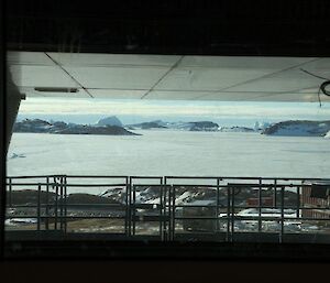 Bharati Station — a view from the laboratory windows shows ice and mountains