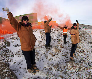 Expeditioners waving farewell to the ship