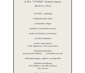 Titanic evening menu