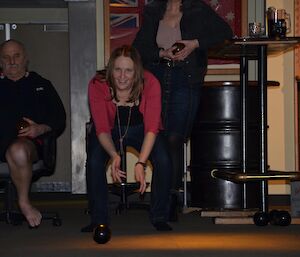 Playing carpet bowls at Davis Steph goes for the two-handed technique