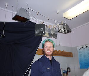 Dark room at Davis 2012, Daryl poses with hair net