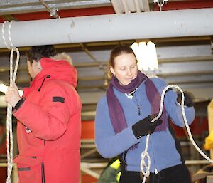 SAR practise at Davis. Two expeditioners practice knot tying