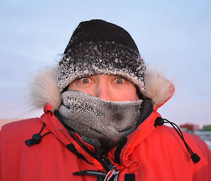 Joe Glacken at Davis 2012 outside in Antarctica with fully gear and coated with frost