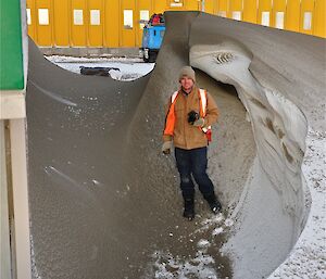 Expeditioner in dirt covered wind scoop at Davis