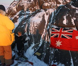 Reading Sir Hubert Wilkins proclamation at Wilkins Cairn