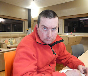 Expeditioner Mark Coade with an angry face due to not having his morning tea yet