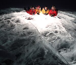 Expeditioners lie on ice at night with lights spilling across in front of them