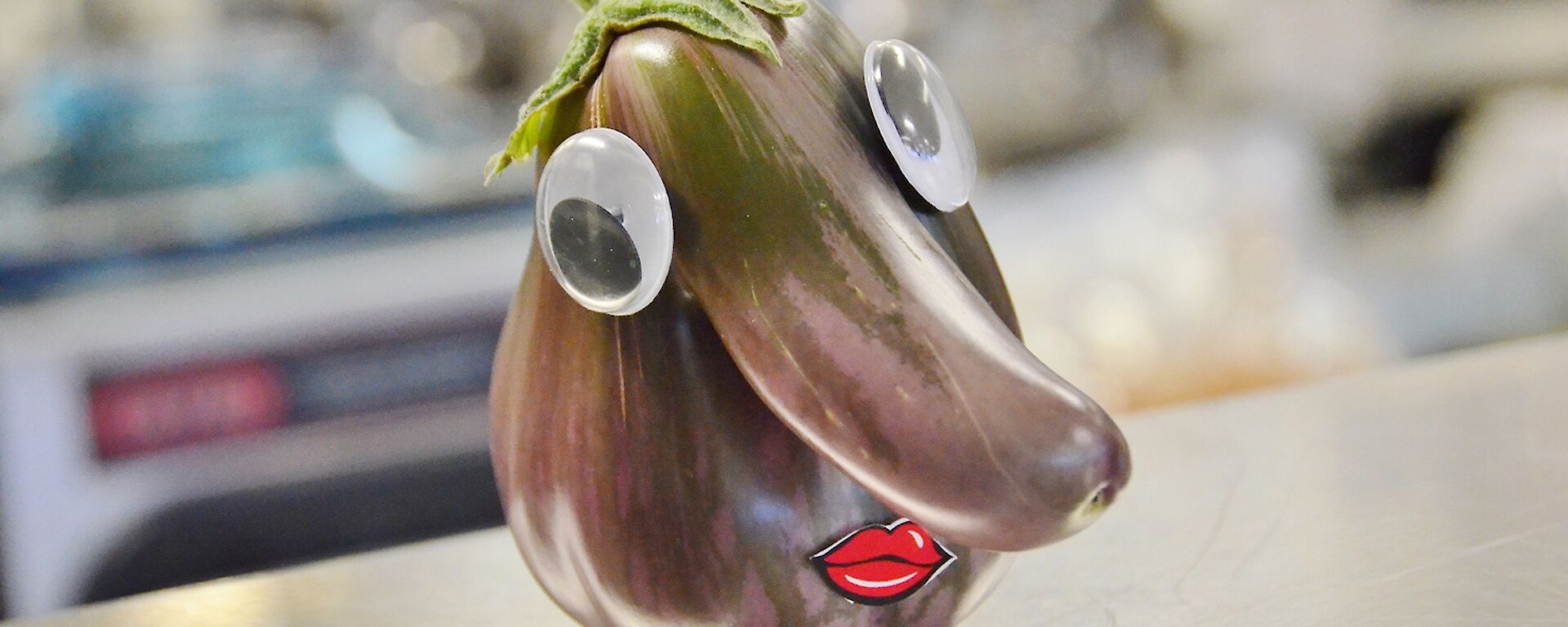 Aubergine with eyes and mouth at Davis