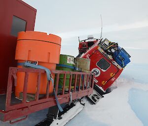 Hagglund cab wedged into crevasse on the Sorsdal Glacier