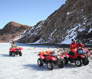 Davis expeditioners on quads near Lake Druzhby