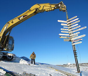 Scott Beardsley uses digger to lift the sign post