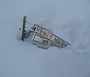 Signs broken off and buried in the snow