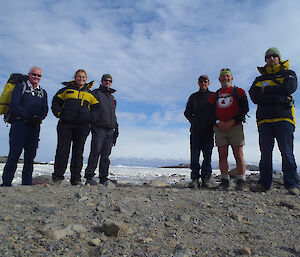 A group of six expeditioners going out for their first walk since arrival at Davis
