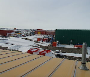A picture taken from the roof of the science building of the station covered in fresh snow.