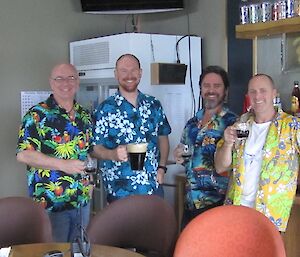 Gavin, Richard, Mark and Rodney all in their Hawaiian shirts having a quiet beer after a long week