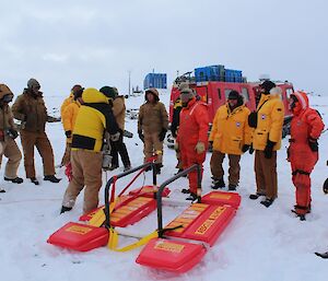 Jeff ready to go onto the ice with the Rescue Alive unit with his fellow expeditioners standing around him