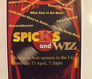 Photo of the promotional poster Gavin made for the Spicks & Wiz night