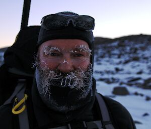 Close up of Jeff’s frozen face and beard