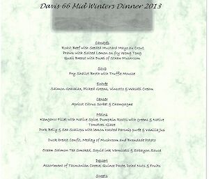 Midwinter dinner menu detailing eight courses