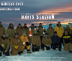 The 17 wintering expeditioners lined up on a blizzard tail with mid-winter greetings and best wishes for 2013 to all