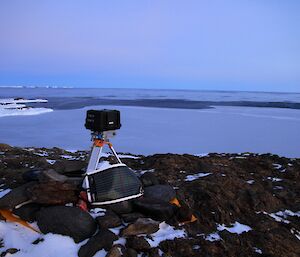 Sea-ice camera set on a tripod on Kazak Island