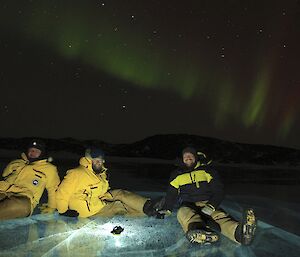 Gavin, Dr Bob and Rich lying on the frozen fresh water lake. Light from a torch shines on their faces in the dark.