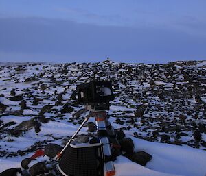 Cameras set up on tripods on Hawker Island to observe Southern Giant Petrels nesting area