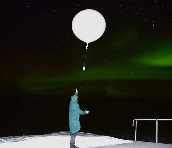 Observer wearing protective attire releasing an 800gm balloon with radiosonde, green Aurora Australis in the background