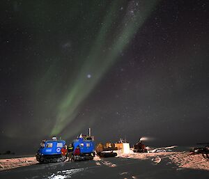 Three expeditioners at Whoop Whoop skiway standing in front of the blue Hagglund with a magnificent Aurora stretching across the sky above