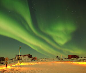 Yet another bright Aurora drifting across the trades workshop and station buildings