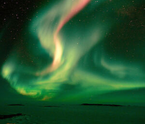 A magnificent multi-colour aurora hovering across the sea ice in front of station