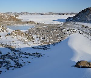 Scenic shot of Pioneer Crossing showing snow and Vestfold hills