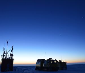 Weather station and Haggland silhouetted against dusk sky