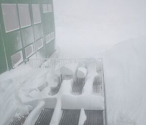 Snow piled up on the living quarters front deck after the blizzard